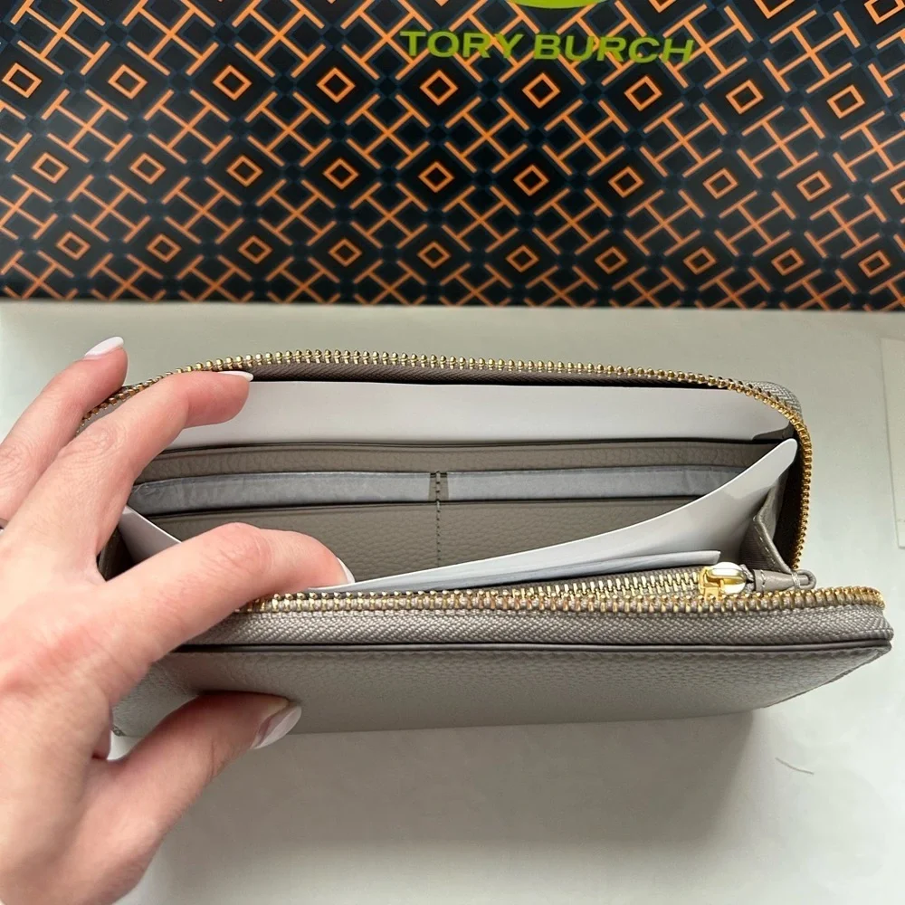 Tory Burch Walker Zip Continental Wallet Gray Heron Gold Grey